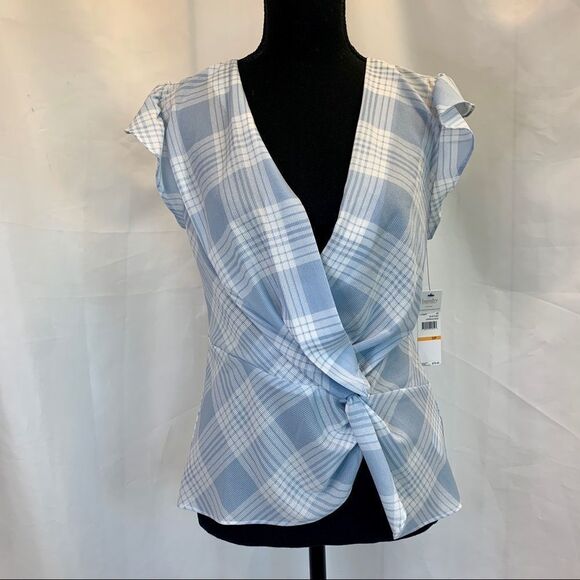 FRONT knot wrap plaid check blouse ruffle sleeve Blue white Sz S NWT - Picture 4 of 11